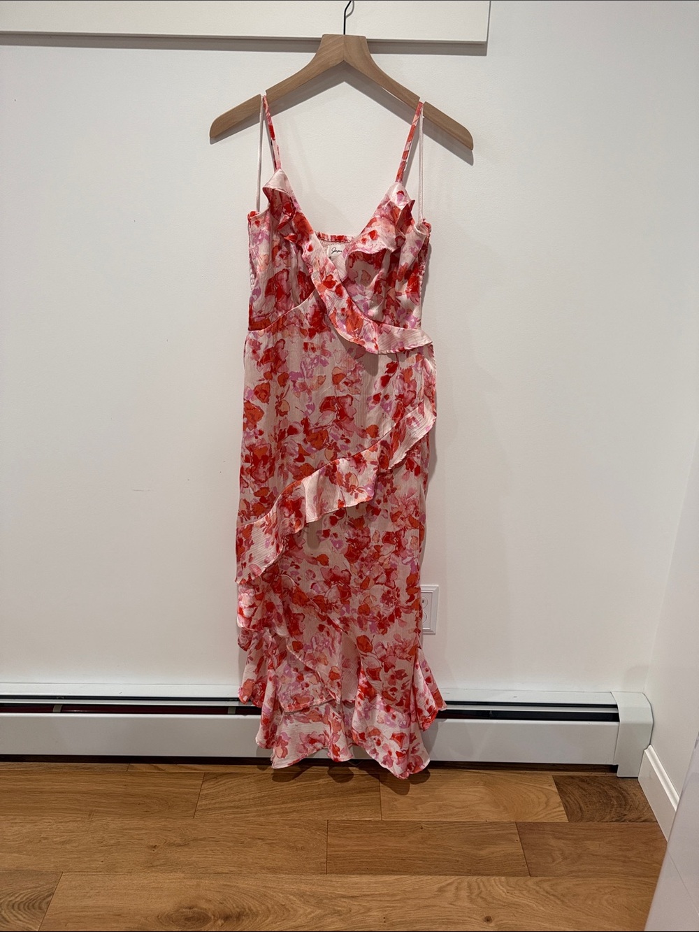 Floral Ruffle Midi Slip Dress in Pink and Red